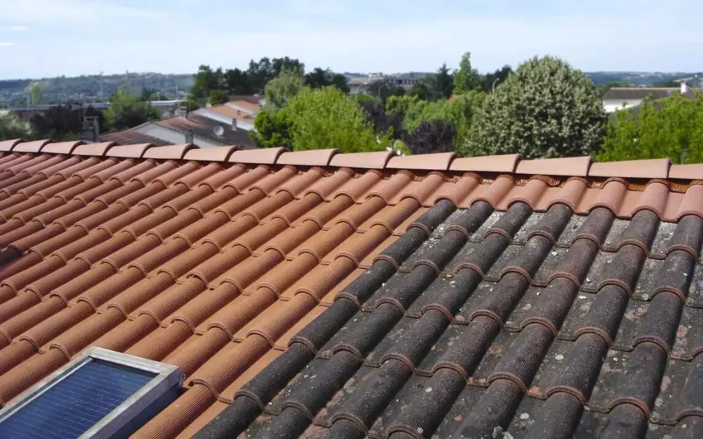 Toiture à moitié démoussée, tuiles propres à gauche et encore chargées de mousse à droite
