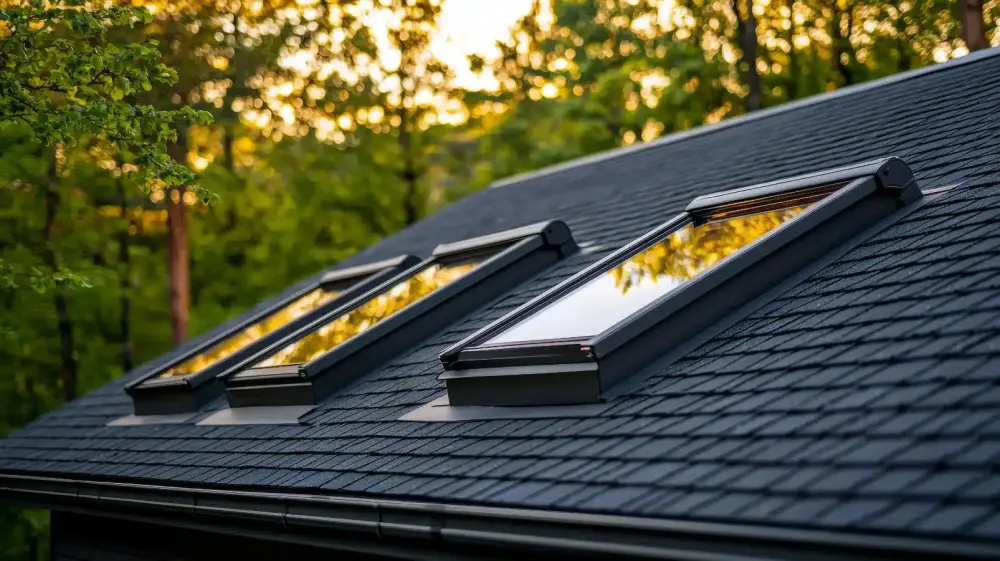 Fenêtres de toit Velux posées sur une toiture en lisière de forêt